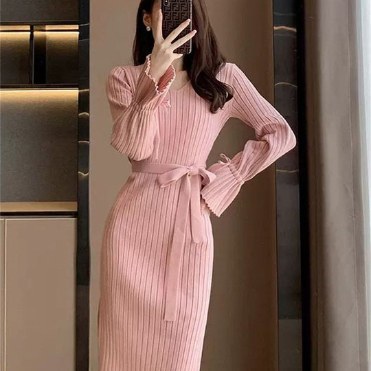Damen Figurbetontes Maxikleid mit Bindegürtel und Rippstruktur R&B