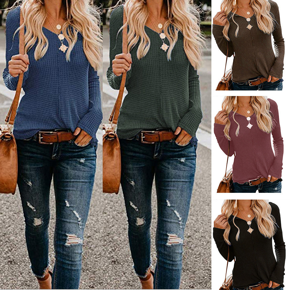 Damen lässiges Langarmshirt mit strukturiertem Waffelmuster und modischem V-Ausschnitt R&B