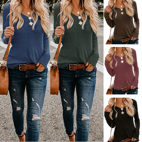Damen lässiges Langarmshirt mit strukturiertem Waffelmuster und modischem V-Ausschnitt R&B