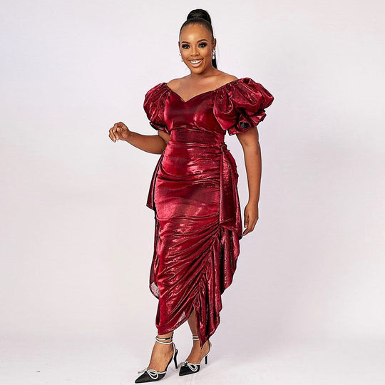 Damen elegantes Kleid mit voluminösen Ballonärmeln und asymmetrischem Saum R&B