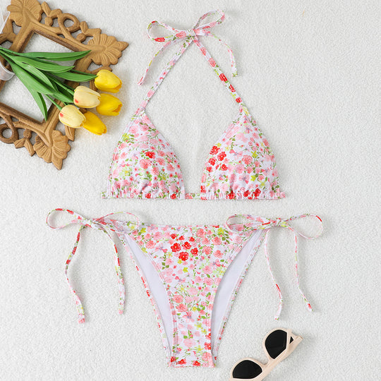 Damen Triangel-Bikini-Set mit buntem Blumenmuster und verstellbaren Trägern R&B