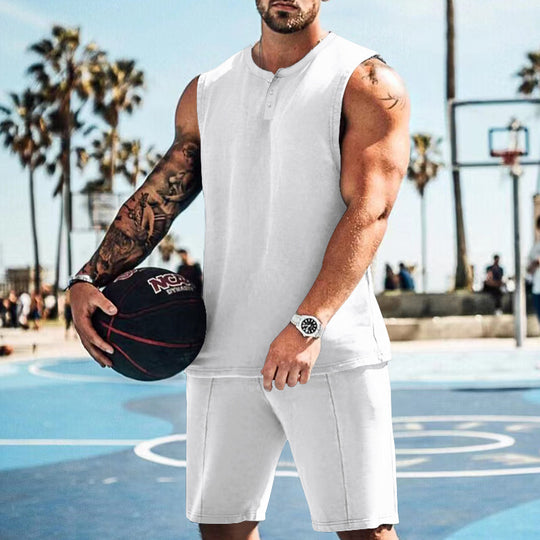 Herren sportliches Trainingsoutfit mit ärmellosem Oberteil und Shorts R&B