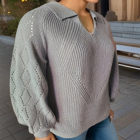 Damen Strickpullover mit V-Ausschnitt und Ballonärmeln R&B