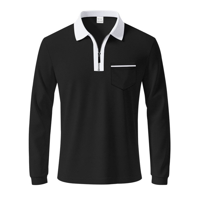 Herren nan langärmeliges Polo mit halbem Reißverschluss, aufgesetzter Brusttasche und feiner Strukturjersey-Qualität R&B