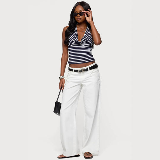 Damen Haltertop mit modischem Wasserfallausschnitt und Streifenmuster R&B