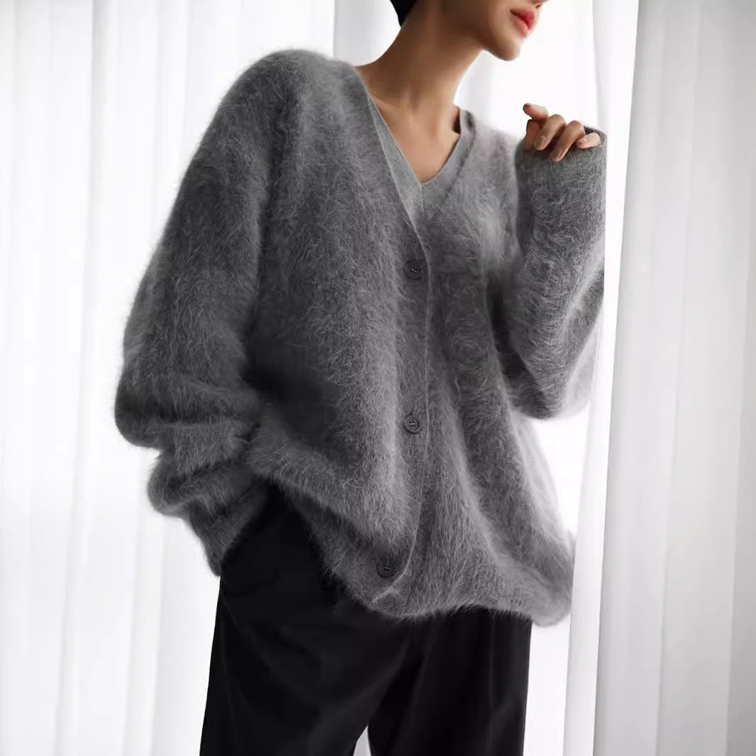 Damen weicher Strickcardigan mit luxuriösem Mohair-Anteil und lässigem Schnitt R&B