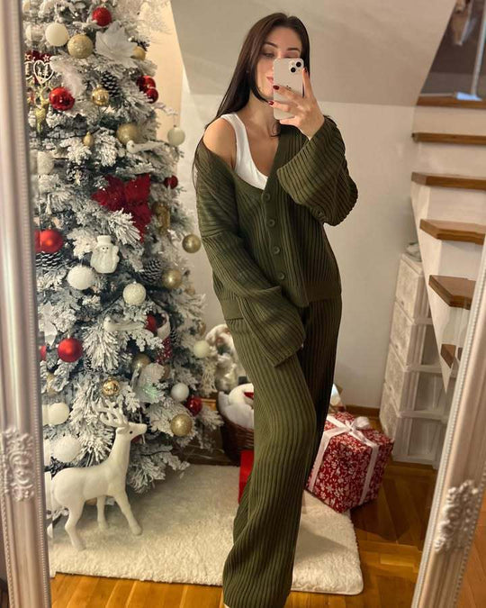 Damen Strick-Loungewear-Set mit weiten Ärmeln und Knopfleiste R&B