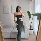 Damen elegantes Bodenkleid mit gerafftem Design und verstellbarem Gürtel R&B