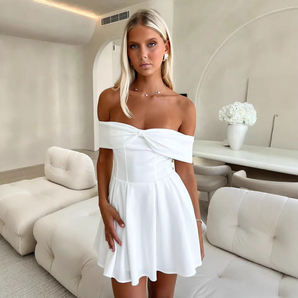 Damen Off-Shoulder Minikleid mit strukturiertem Oberteil und ausgestelltem Rock R&B