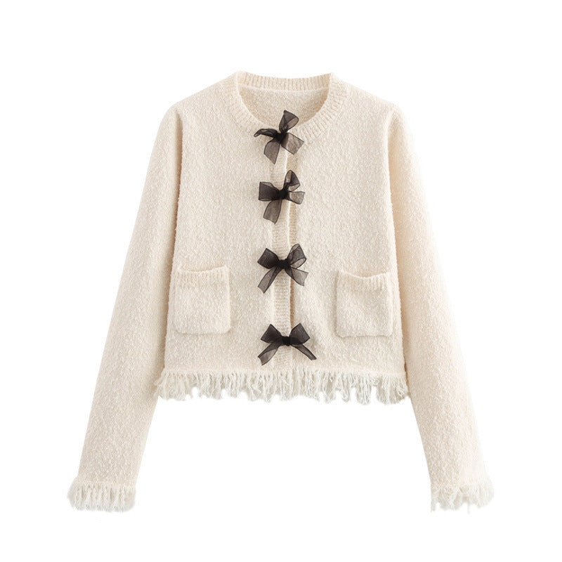 Damen Bouclé-Jacke mit eleganten Schleifen und Fransen R&B