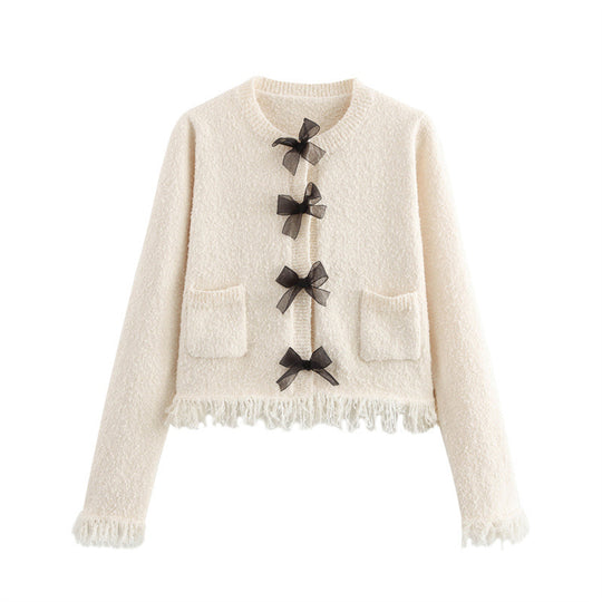 Damen Bouclé-Jacke mit eleganten Schleifen und Fransen R&B