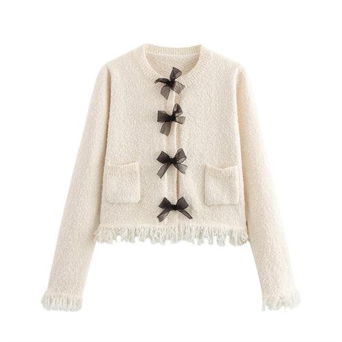 Damen Bouclé-Jacke mit eleganten Schleifen und Fransen R&B