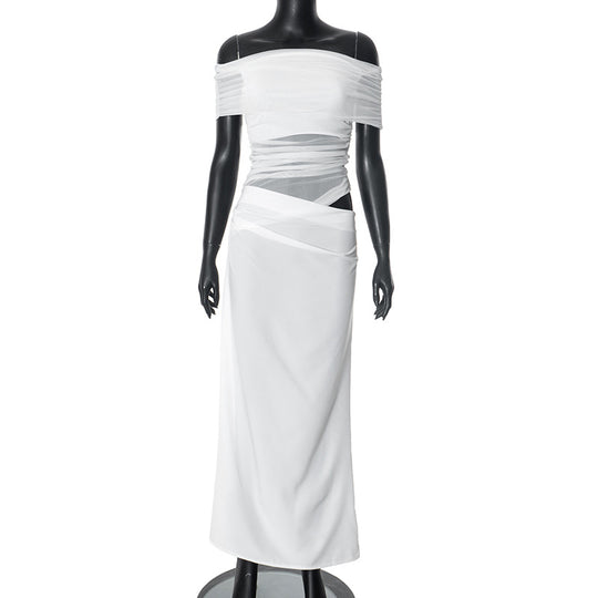 R&B | Ein-Wort-Kragen-Plissee-Kleid aus Mesh mit diagonaler Spanne