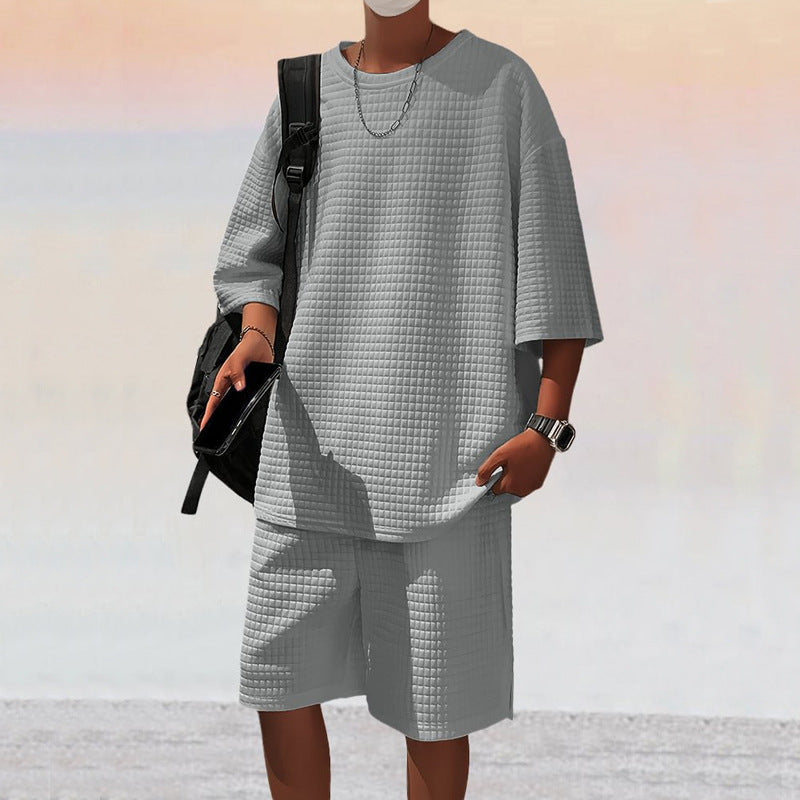 Herren nan quadratstruktur Freizeitset mit oversized Rundhalsshirt und knielangen Relax-Shorts R&B
