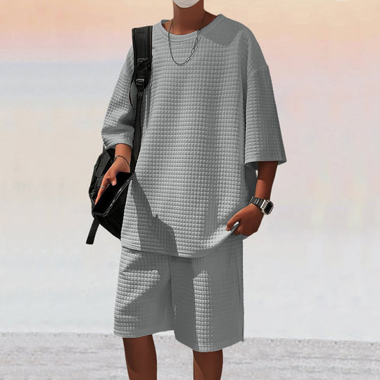 Herren nan quadratstruktur Freizeitset mit oversized Rundhalsshirt und knielangen Relax-Shorts R&B