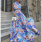 Damen Elegantes Maxikleid mit geknotetem Kragen und geschwungenem Muster R&B