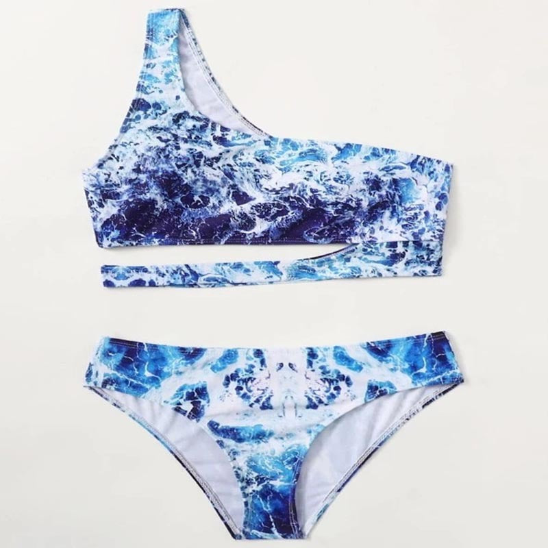 Damen Sport-Bikini mit asymmetrischem Schnitt und modischem Wasser-Motiv R&B