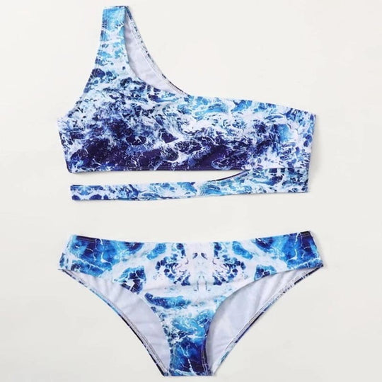 Damen Sport-Bikini mit asymmetrischem Schnitt und modischem Wasser-Motiv R&B