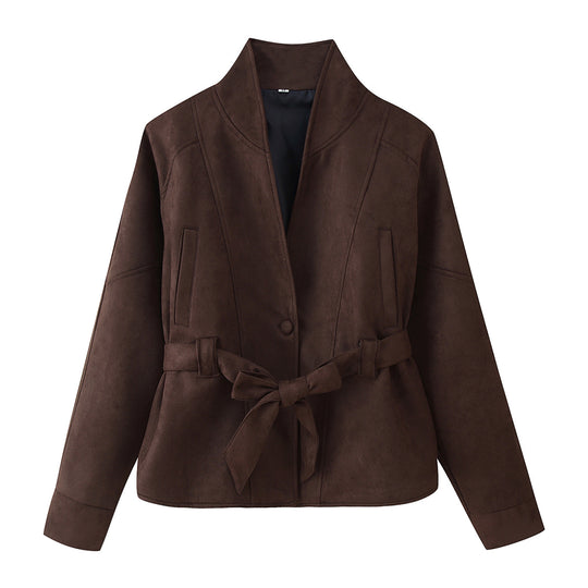 Damen elegante Oversized-Bomberjacke mit Taillengürtel R&B