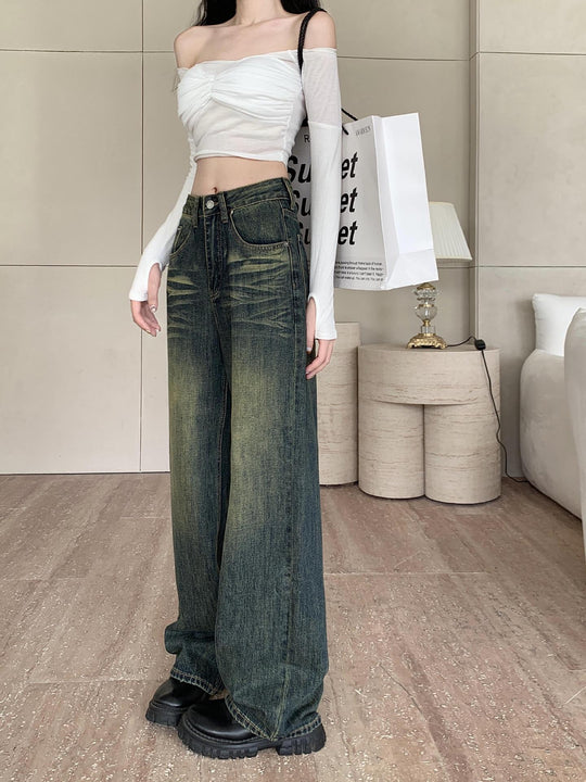 Damen weite Denim-Hose mit modernem High-Waist Schnitt und einzigartiger Waschung R&B