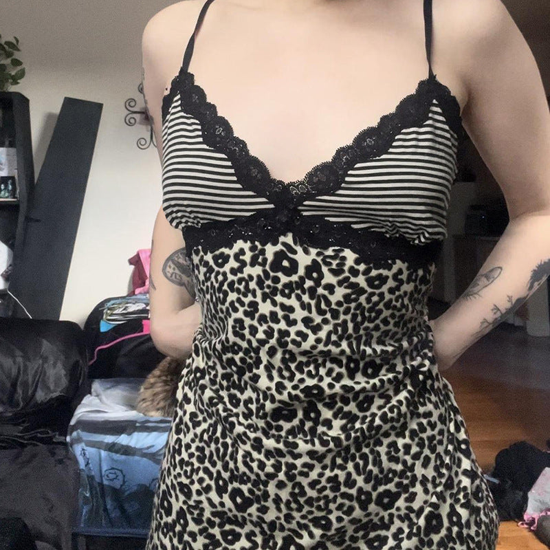 Damen Spaghetti-Trägertop mit elegantem Spitzenbesatz und R&Brnem Leopardenmuster R&B
