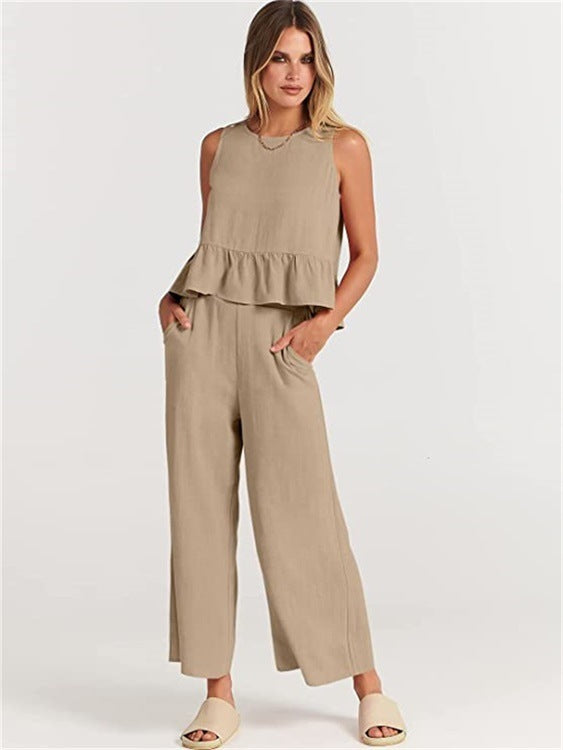 Damen Zweiteiler-Set mit schickem Peplum-Oberteil und weit geschnittenen Hosen R&B