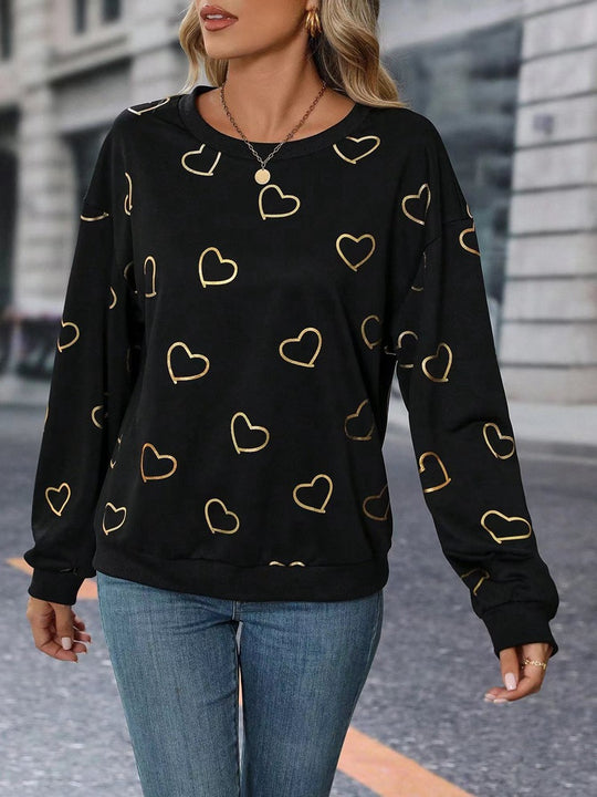 Damen nan lockeres Herzprint-Sweatshirt mit Rundhalsausschnitt und Rippbündchen R&B