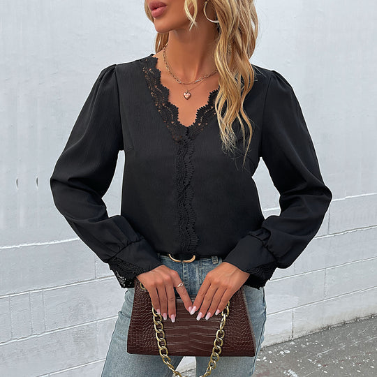 Damen elegant geschnittene Bluse mit Spitzenverzierungen und Volantärmeln R&B