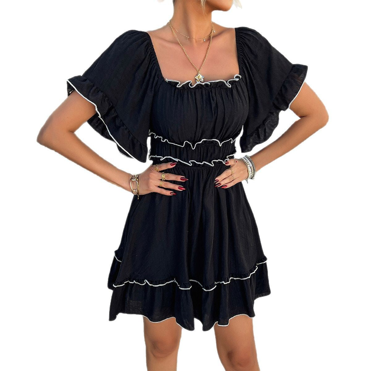 Damen romantisches Rüschensommerkleid mit elastischem Taillenbund R&B