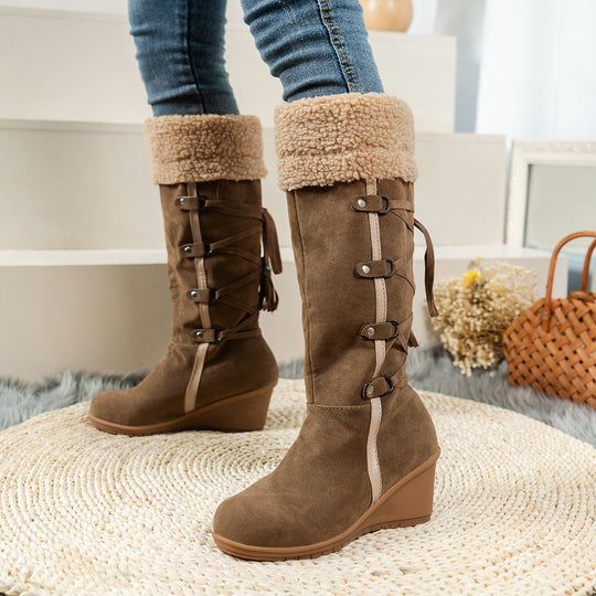 Damen Wedge-Stiefel aus hochwertigem Wildleder mit modischem Falten-Design R&B