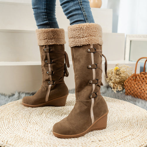 Damen Wedge-Stiefel aus hochwertigem Wildleder mit modischem Falten-Design R&B