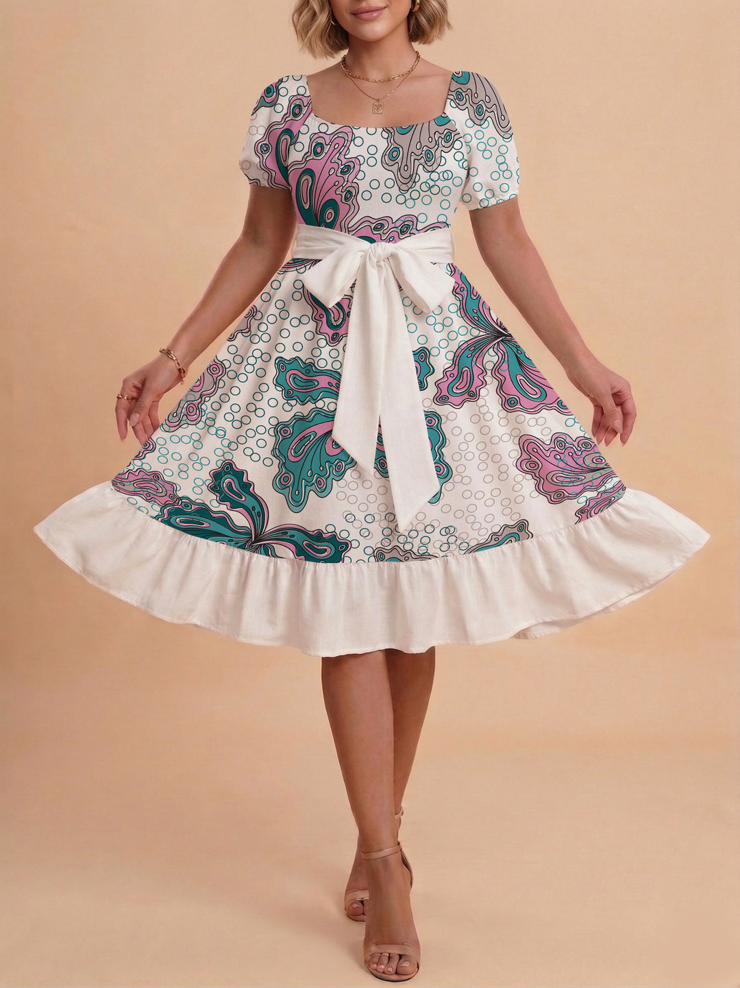 Damen modernes Blumenkleid mit elegantem Taillengürtel und asymmetrischem Saum R&B