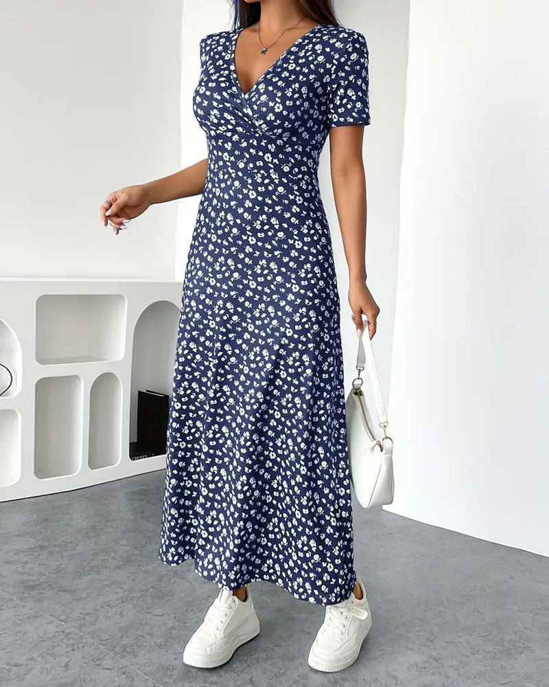 Damen nan tailliertes V-Ausschnitt Wickeloptik Maxikleid aus Viskosejersey mit kurzen Ärmeln und A-Linien-Saum R&B