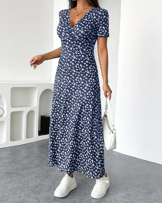 Damen nan tailliertes V-Ausschnitt Wickeloptik Maxikleid aus Viskosejersey mit kurzen Ärmeln und A-Linien-Saum R&B