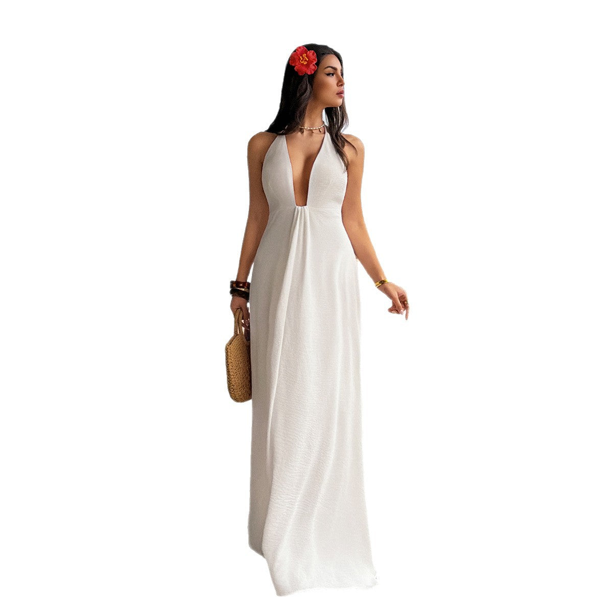 Damen Maxi-Urlaubs- und Strandkleid mit tiefem V-Ausschnitt und Rückenlöcher R&B