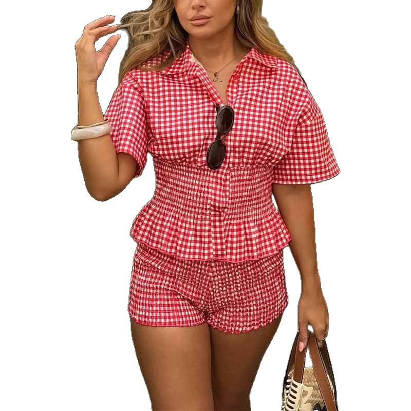 Damen Zweiteiliges Karomuster-Set mit taillierter Bluse und sportlichen Shorts R&B
