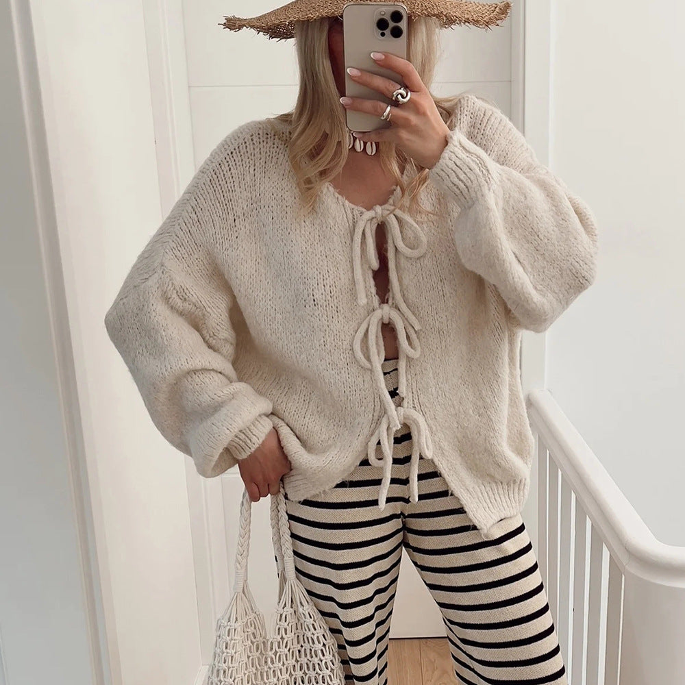 Damen Kuscheliger Strickcardigan mit dekorativen Bindebändern R&B