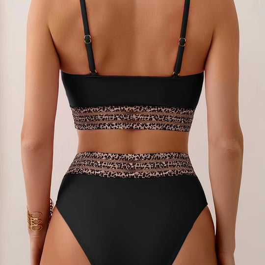 Damen Bikini-Top mit hoch geschnittenem Unterteil und Leopardendruck R&B