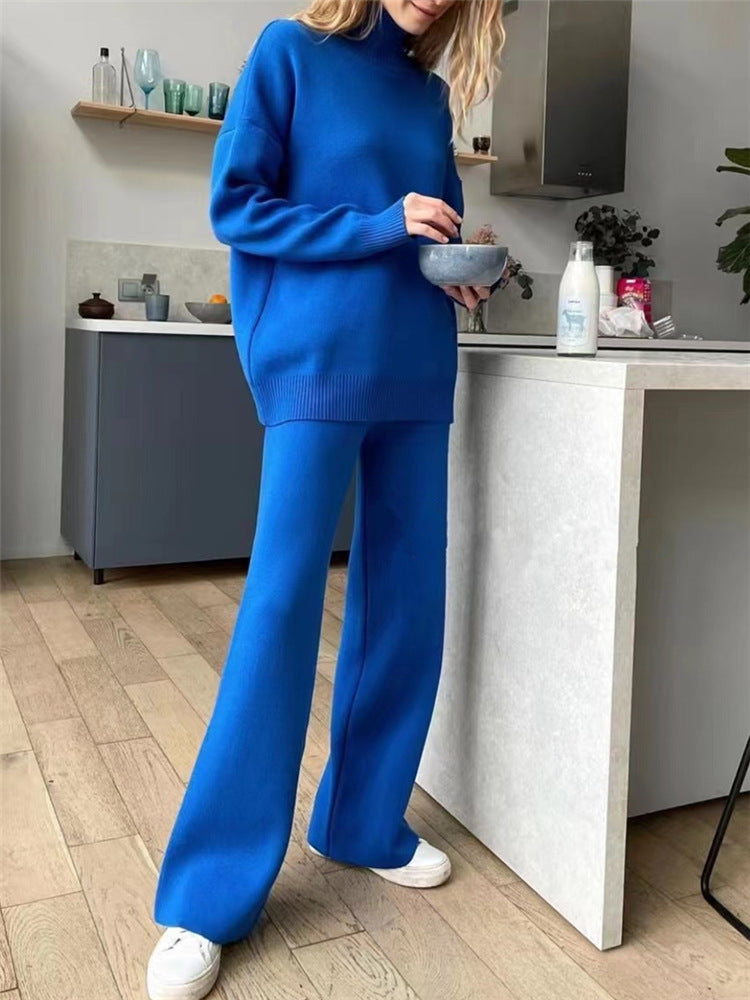 Damen Lässiges Strickset mit hohem Kragen und weitem Bein