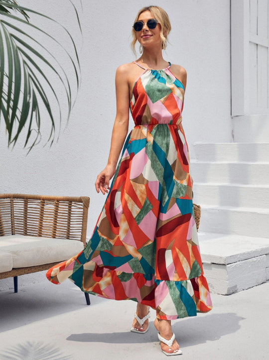 Damen Langes Maxikleid mit auffälligem geometrischem Muster und anpassbarem Träger R&B