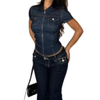 Damen Kurzarm Denim-Bluse mit modischer Zip-Detailierung und Brusttaschen R&B