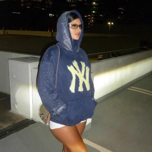 Damen nan übergroßer Kapuzenpullover aus Samtfleece mit markantem Logoprint, Glitzerbesatz und Kängurutasche R&B
