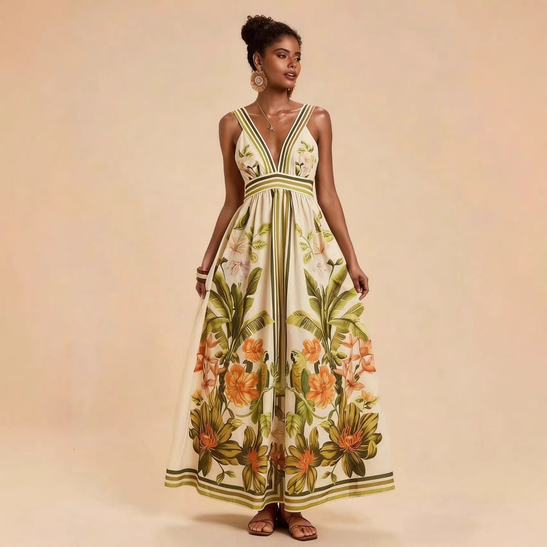 Damen Maxikleid mit tiefem V-Ausschnitt und floralem Design R&B