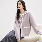 Damen Flauschiger Strickcardigan mit praktischen Taschen und hohem Kragen