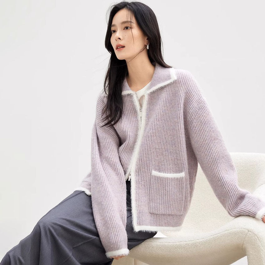 Damen Flauschiger Strickcardigan mit praktischen Taschen und hohem Kragen