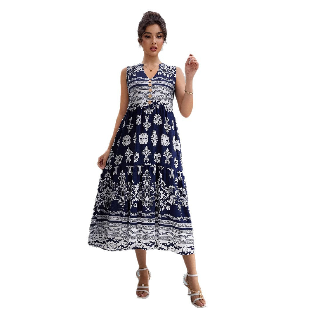 Damen Maxikleid mit elegantem V-Ausschnitt und grafischem Muster R&B