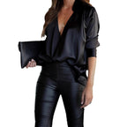 Damen Elegante Seidenbluse mit tiefem V-Ausschnitt und überschnittenen Ärmeln R&B