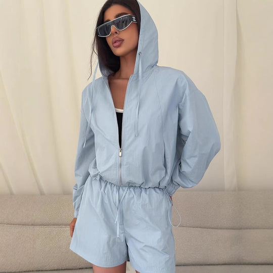 Damen lässiges Windbreaker-Set mit kurzen Hosen und Kapuze R&B