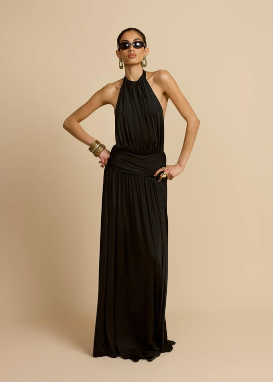 Damen Elegantes Maxikleid mit Hochgängigem Halterneck R&B