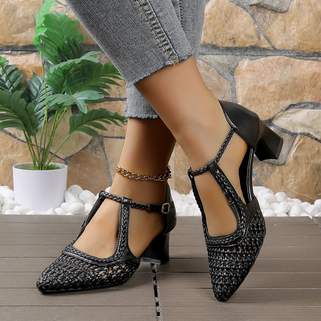 Damen elegante T-strap Sandaletten mit geflochtenem Design und komfortablem Blockabsatz R&B